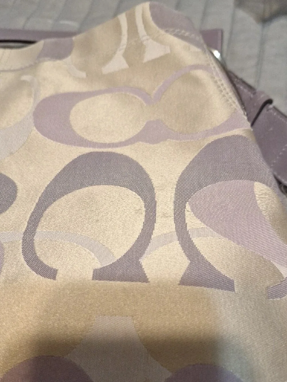Coach Signature Canvas Shoulder Tote in Taupe and Light Purple